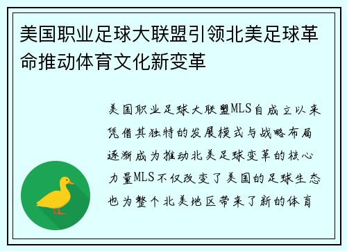 美国职业足球大联盟引领北美足球革命推动体育文化新变革