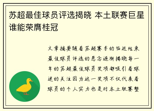 苏超最佳球员评选揭晓 本土联赛巨星谁能荣膺桂冠